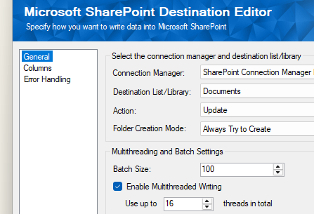 KingswaySoft SharePoint Destination General page Update action